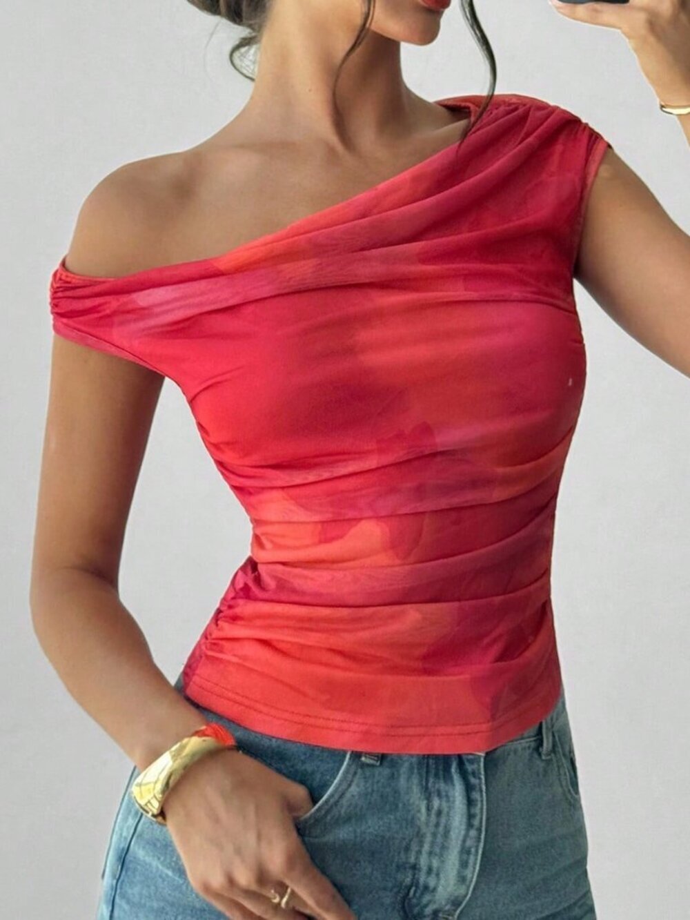 Multicolor Casual Boho Women's Ombre Asymmetric Neck T-Shirt